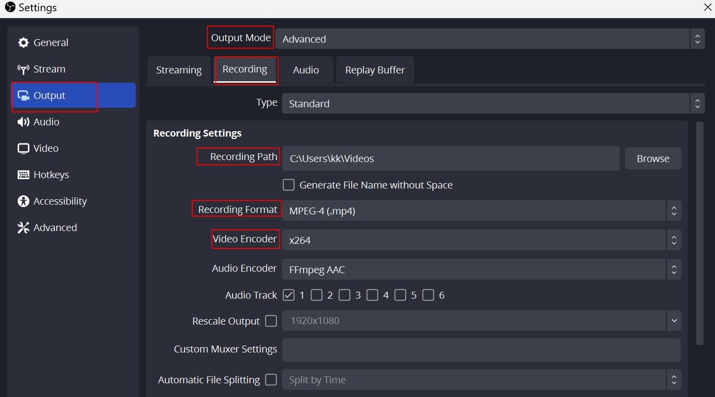 OBS output settings